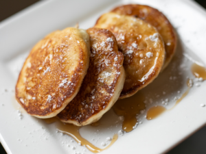 stack of pancakes with syrup. 