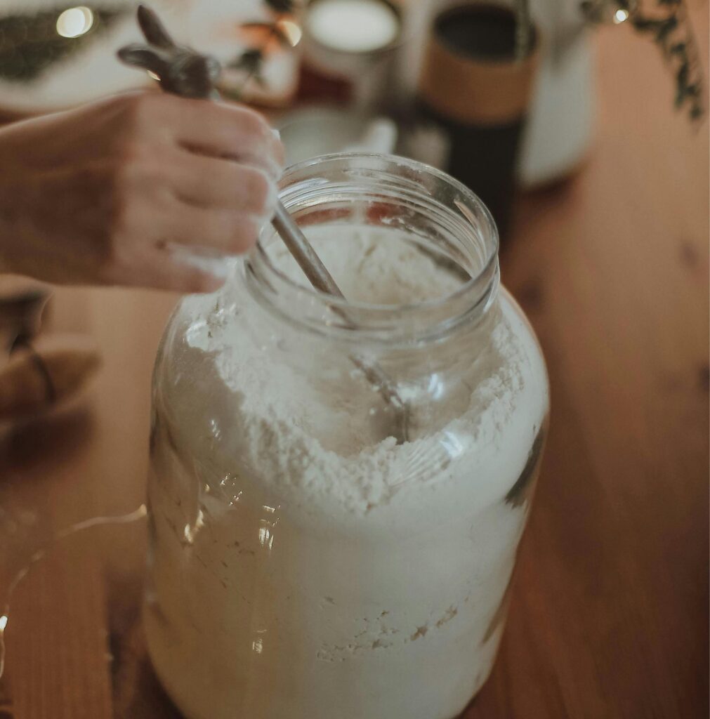 Flour in glass bottle. Perfect for small kitchen pantry