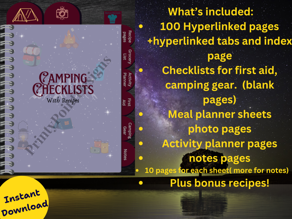 Camping planner with hyperlinked tabs